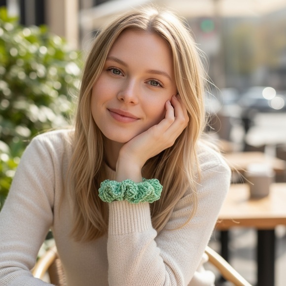 Handmade Accessories - Emerald Green Nylon Crochet Hair Scrunchie